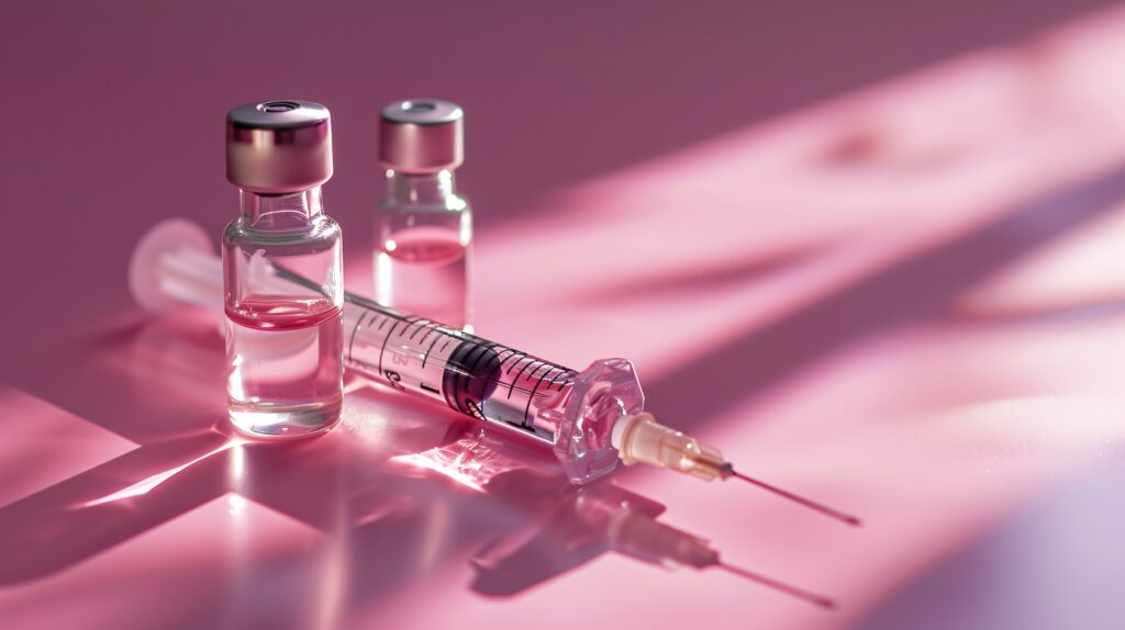 ピンクのテーブルに置かれた製剤と注射器